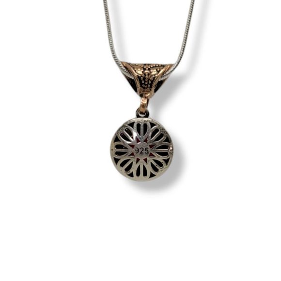 Vintage 925 Sterling and Bronze Round Ruby and White Zircon Halo Pendant 17 1/2" - Picture 4 of 10